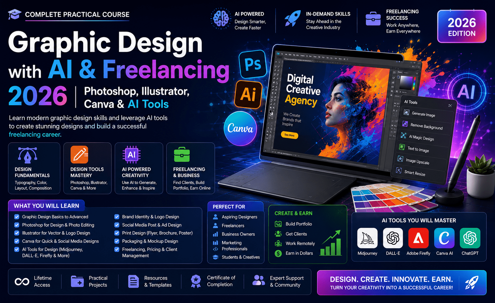 Graphic Design with AI & Freelancing 2026 | Photoshop, Illustrator, Canva & AI Tools