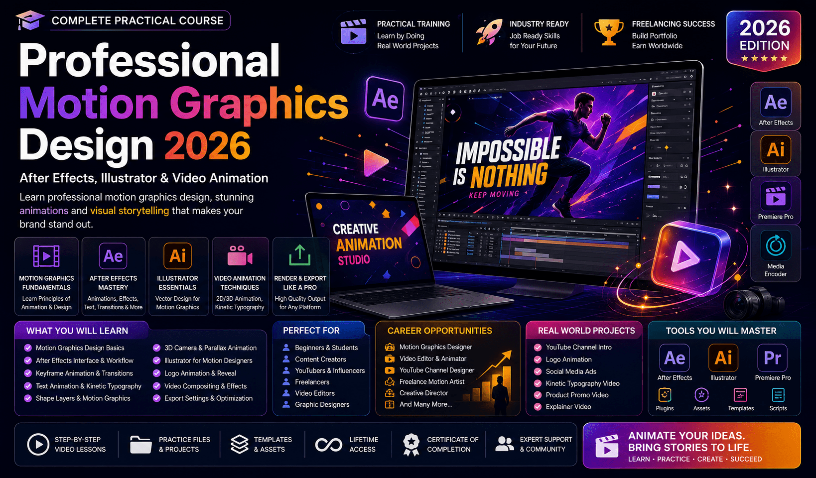 Professional Motion Graphics Design 2026 | After Effects, Illustrator & Video Animation