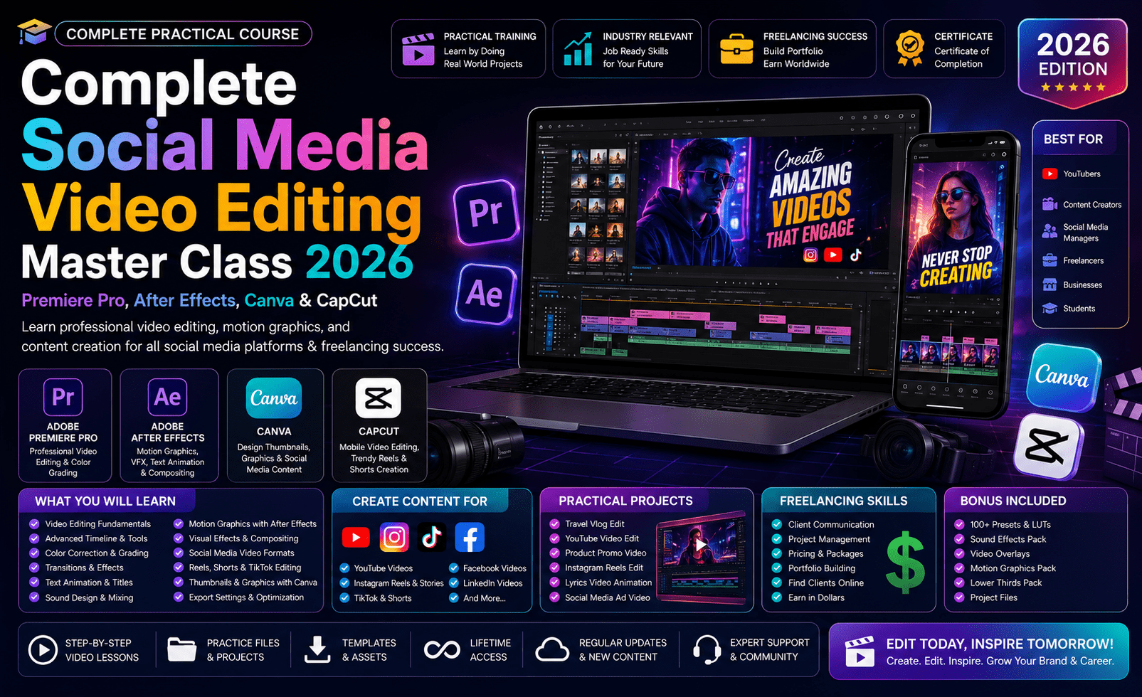 Complete Social Media Video Editing Master Class 2026 | Premiere Pro, After Effects, Canva & CapCut